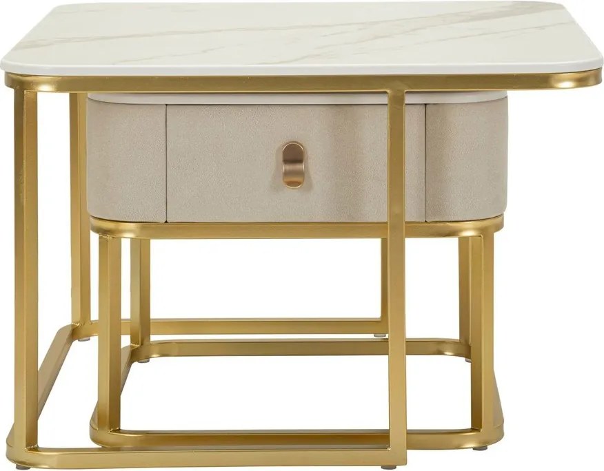 Krémszínű-aranyszínű dohányzóasztal szett márvány dekorral, 2 db-os 50x70 cm Beauty – Mauro Ferretti
