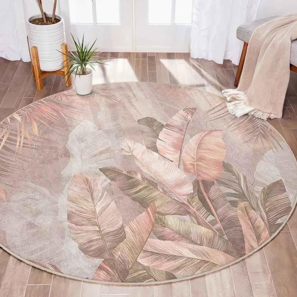 Világos rózsaszín mosható kerek szőnyeg ø 120 cm Dusty Leaves – Mila Home