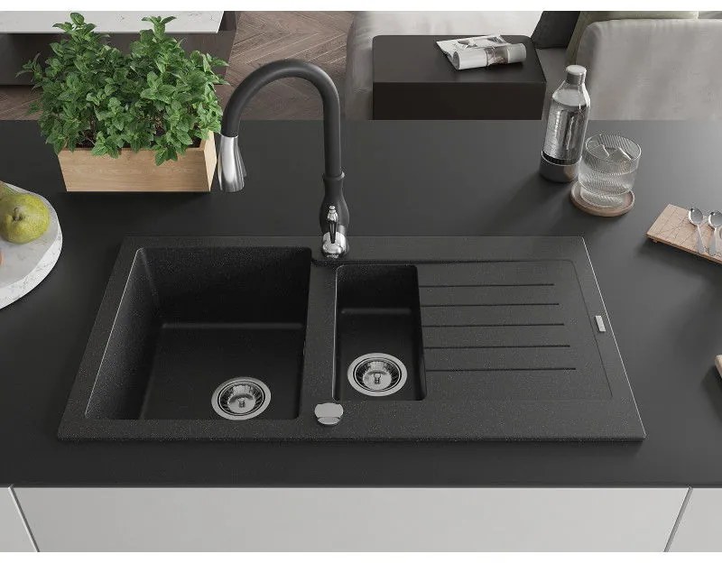 Mexen Matias, 1,5 kamrás gránit mosogató 900x505x200 mm és Savita mosogató csaptelep, fekete-ezüst metál, 6502-73-672601-70