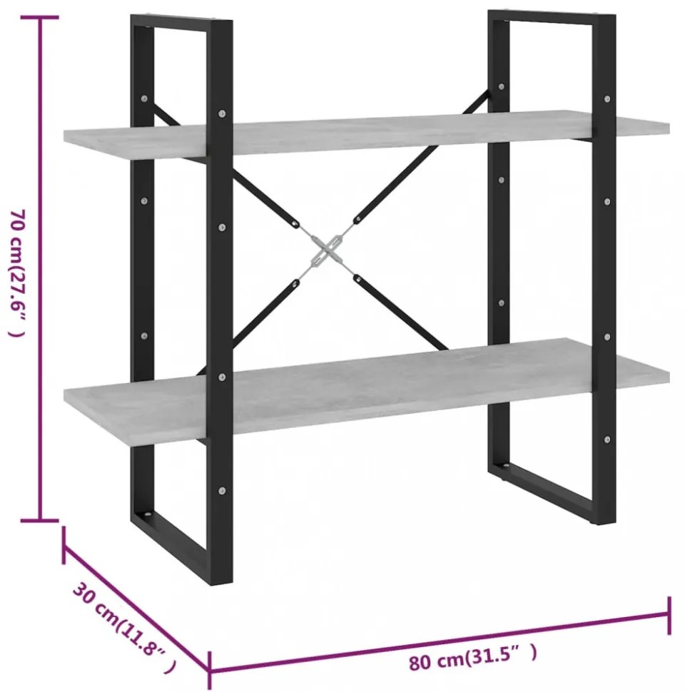 2-szintes betonszürke szerelt fa könyvszekrény 80 x 30 x 70 cm