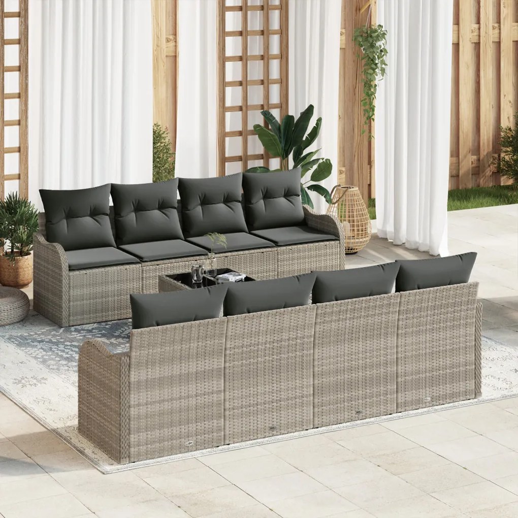 9 Részes Kerti Kanapé Szett Párnákkal Világosszürke Poli Rattan, 2-Fős Kerti Kanapé Párnákkal Világosszürke Poli Rattan