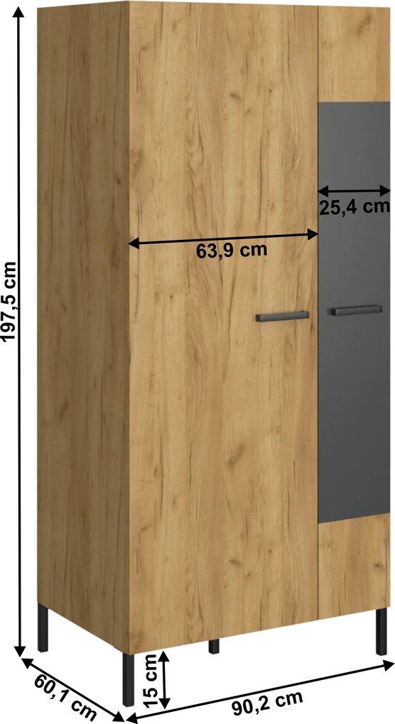 Gardróbszekrény 2D, craft tölgy arany/antracit, SANTANA