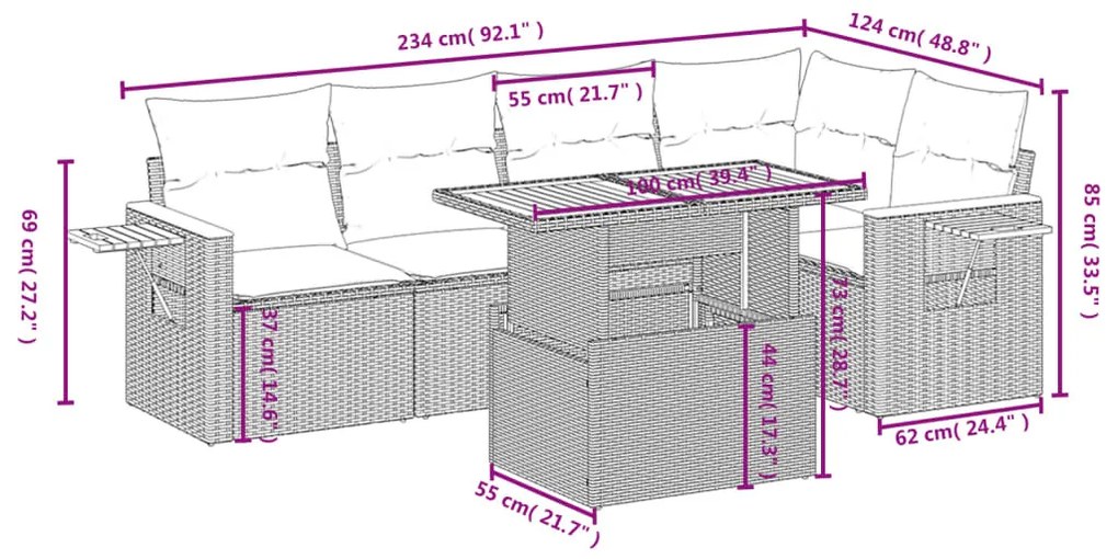 6 részes bézs polyrattan kerti ülőgarnitúra párnával