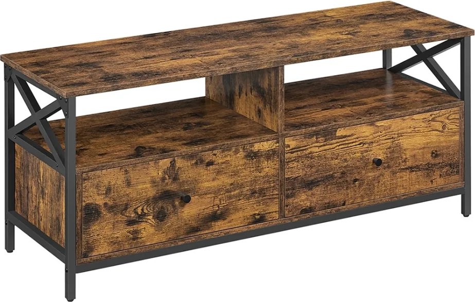 TV szekrény, 2 fiókkal és polcokkal, rusztikus barna és fekete 120x40x50cm