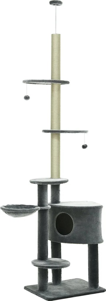 PawHut plafonig érő macska mászóka 220-265 cm magassággal, játékgolyókkal, macskabarlanggal, hamokkal, zsinórpálcákkal, platformokkal, többszintű kapa