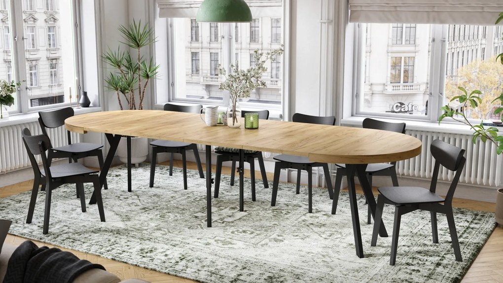 Mazzoni VITO Anyagminta Arany Tölgy/fekete lábak - LOFT/IPARI STÍLUSÚ 310 cm-re BŐVÍTHETŐ NAGY KEREK ASZTAL Ø110 Y LÁBAKKAL