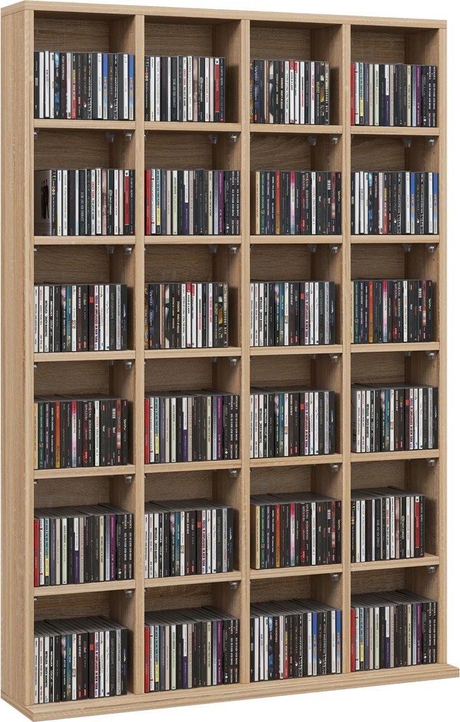 HOMCOM CD és DVD tároló, multimédiás polc 24 rekesszel, maximális kapacitás 480 CD/312 DVD, fából készült könyvespolc állítható polcokkal, 89 x 20 x 1
