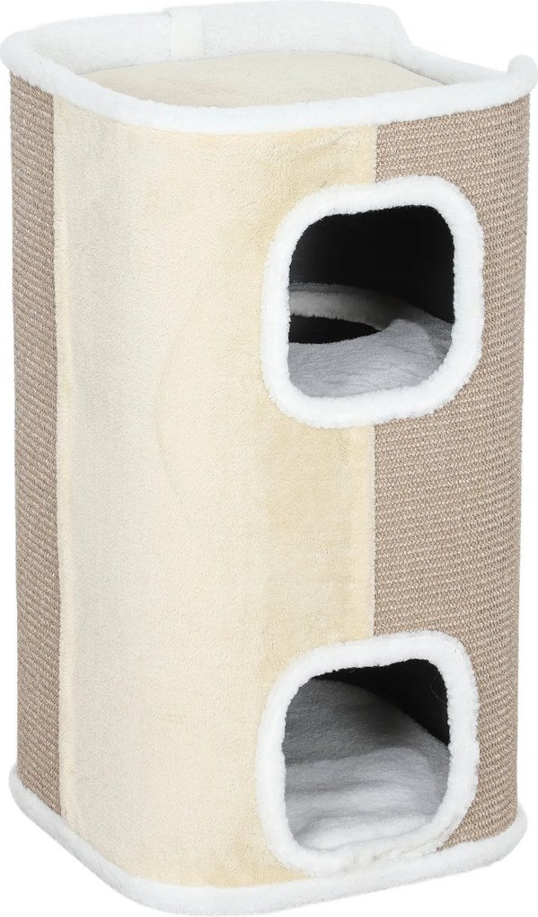 PawHut 74cm Magas Kaparóhenger Háromszintes Macska Henger Párnával és Plüss Peremmel, Macska Barlang, Macska Fa Kismacskáknak, Beige+Fehér | Aosom