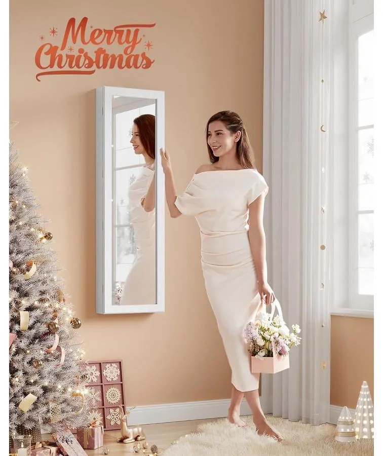 Ékszerszekrény falra szerelhető, zárható tároló tükörrel és több rekesszel – fehér/bézs