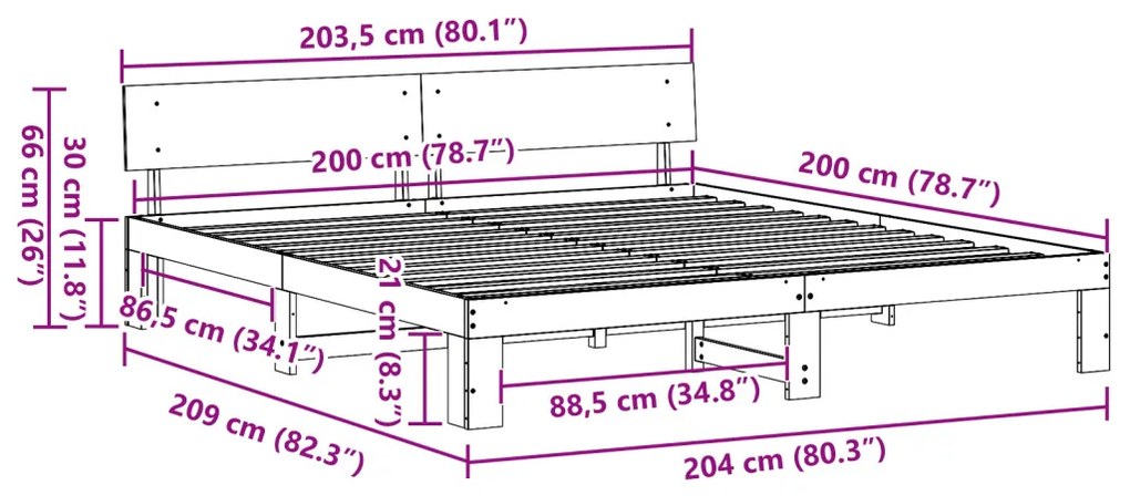 Fehér ágykeret fejtámlával 200x200 cm Tömör fenyőfa