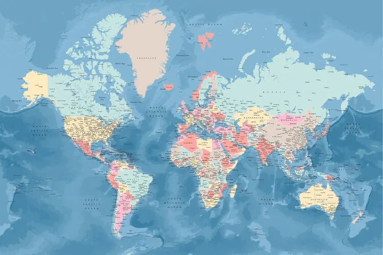 Térkép Light blue and pastels detailed world map, Blursbyai