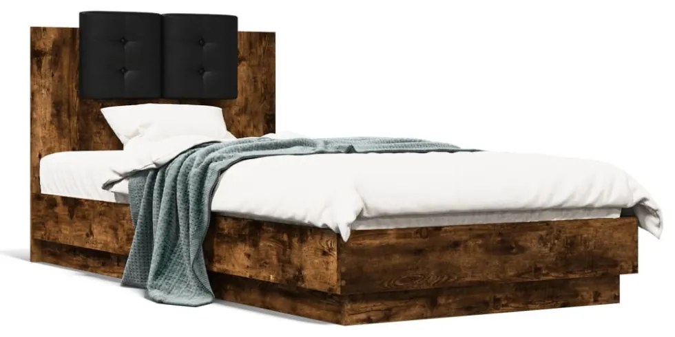 füstös tölgy színű szerelt fa ágykeret fejtámlával 90 x 190 cm