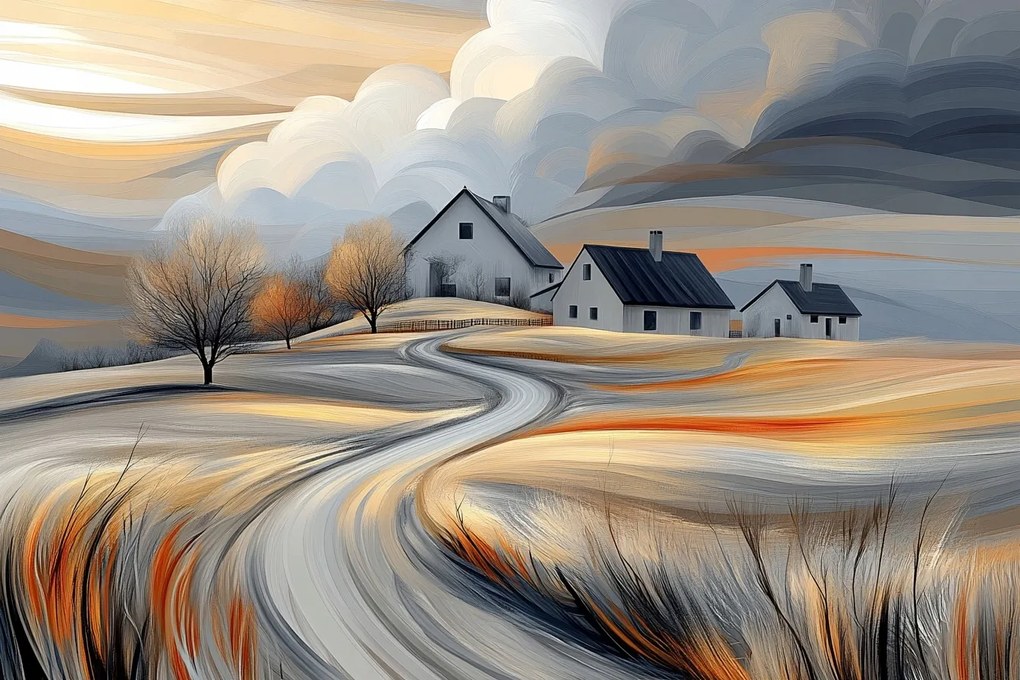 Vászonkép Canvas Tájkép Falu Mező Házak Ég Felhők 60x40