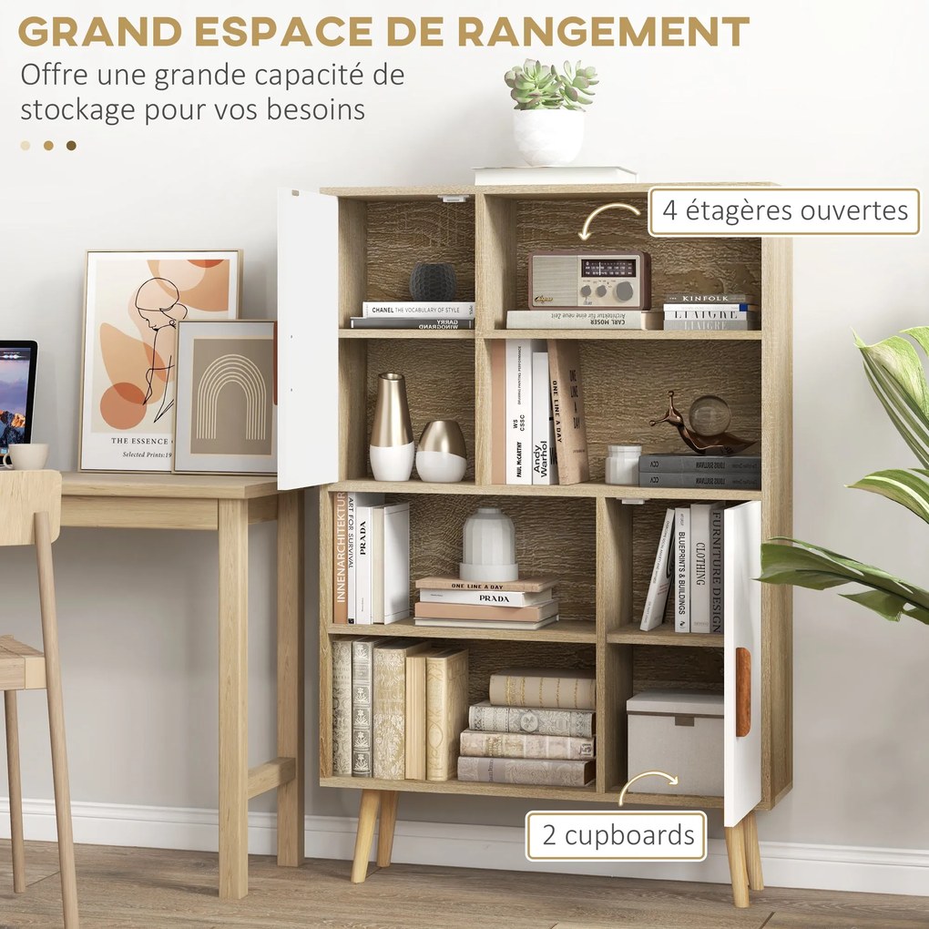 HOMCOM Skandináv Stílusú Könyvespolc 4 Polccal + 2 Szekrénnyel Állítható Polccal 80L x 24W x 123H cm Kúpos Döntött Tölgylábakkal | Aosom