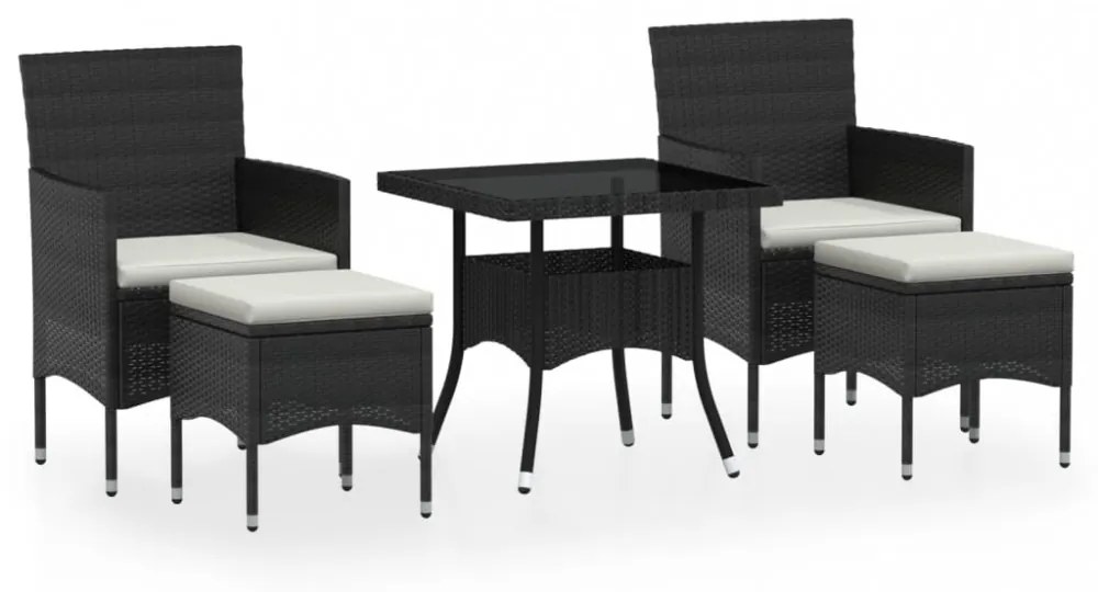 5 részes fekete polyrattan és edzett üveg kerti étkezőgarnitúra