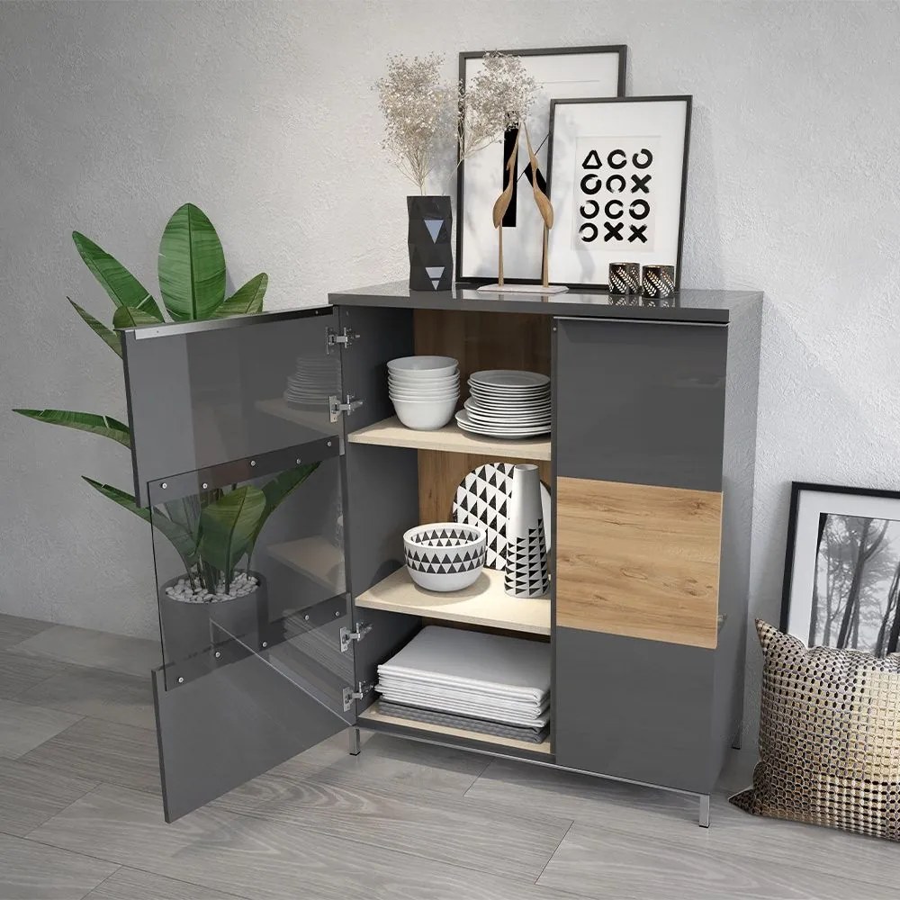 Kétajtós magasfényű vitrines komód, antracit-diófa - BISE