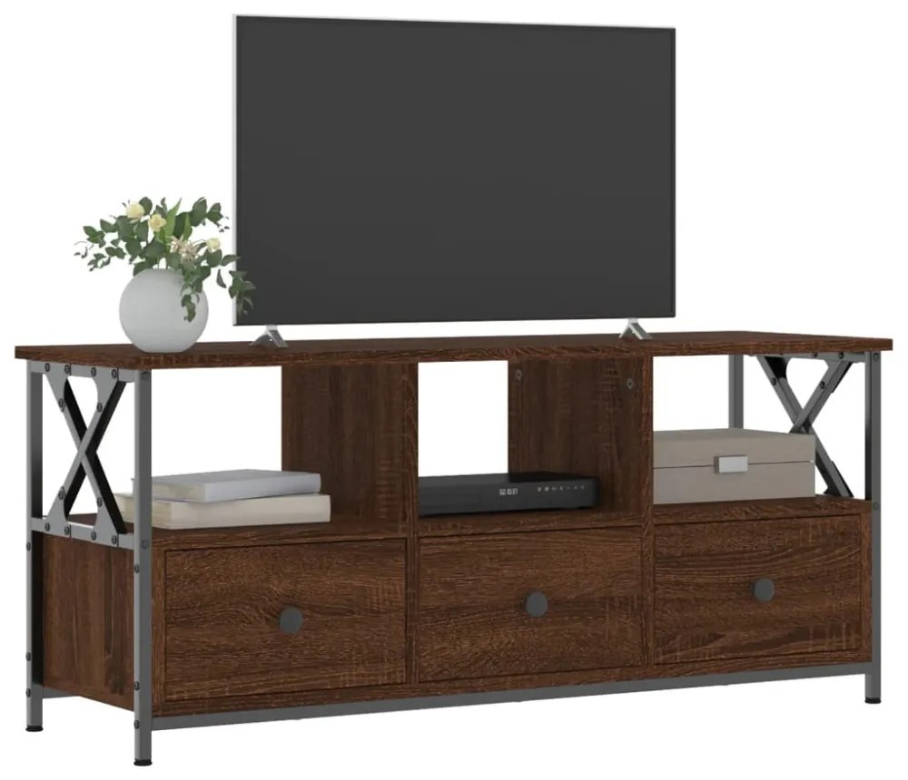 barna tölgyszínű szerelt fa és vas TV-szekrény 102x33x45 cm