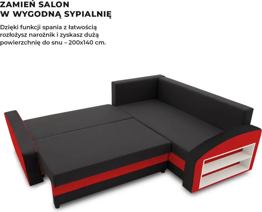 Grande sarokkanapé polcokkal , polc a jobb karfaban, jobboldali, szövet anyag, bonell töltet, fekete - piros