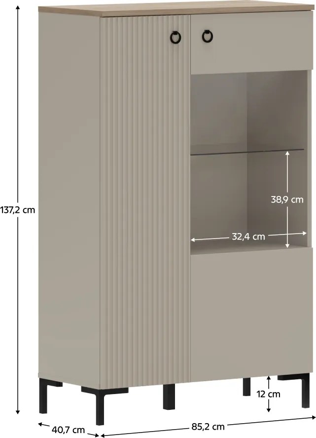 Alacsony vitrin, szürkésbarna Taupe/silverjack tölgy, DOMCA 1D1W/140