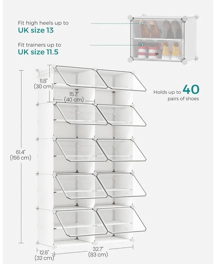 Összekapcsolható cipőtartó állvány fehér színben
