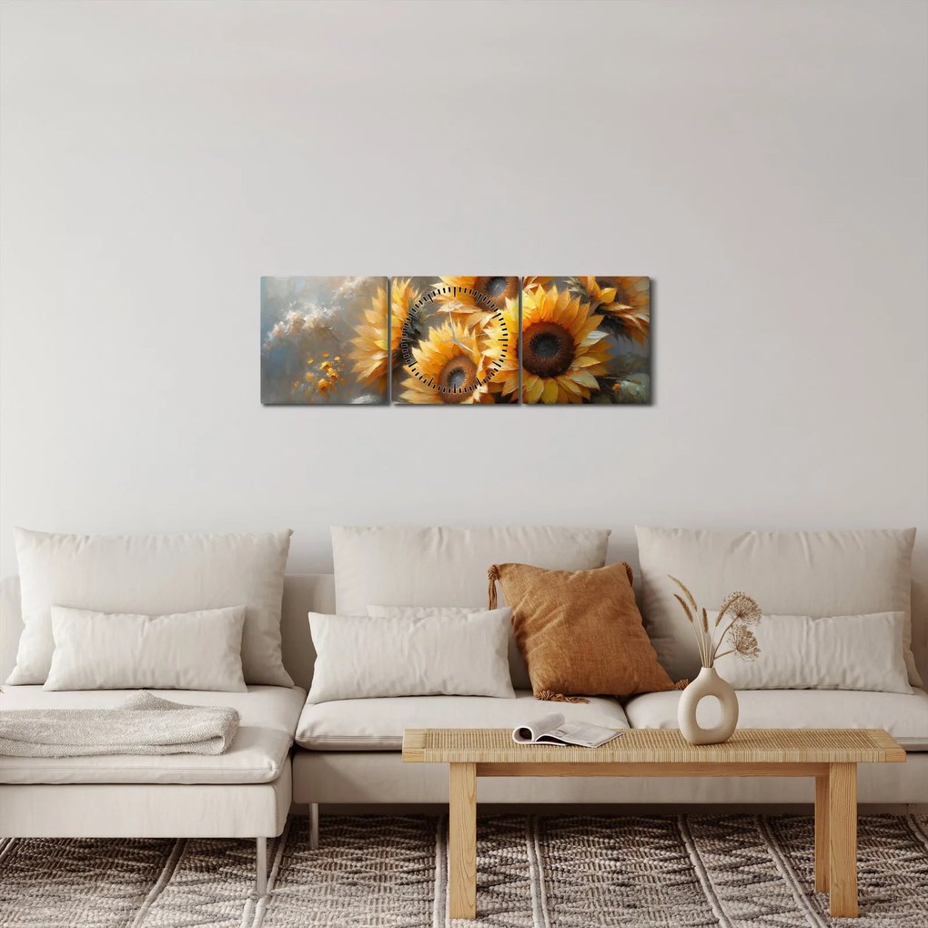 Kép - Napraforgók festménye (órával) (90x30 cm)