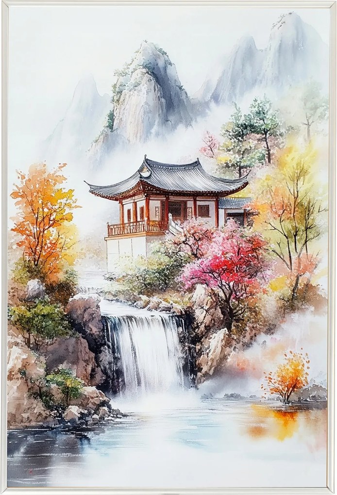 Poszter Alumínium Keret Japán Ázsia Hegyek Vízesés Színes Fák 40x60