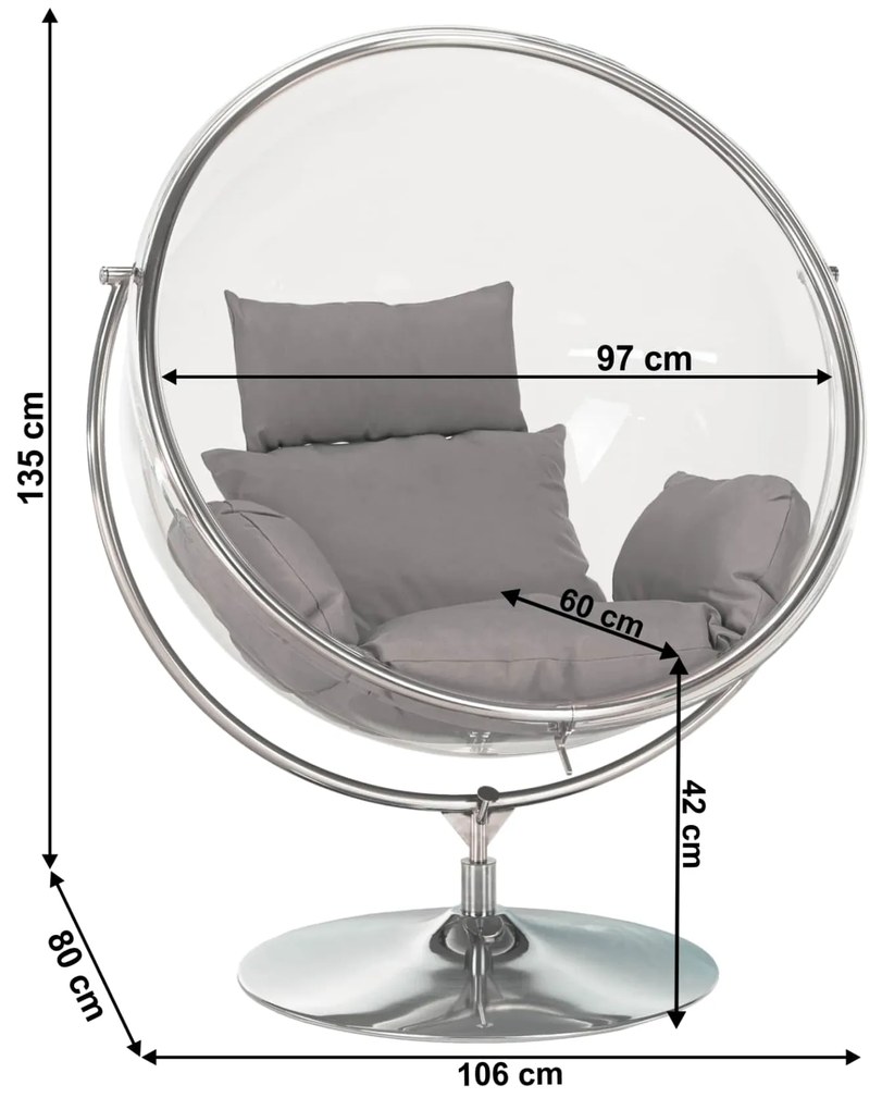Függő fotel állvánnyal, átlátszó/ezüst/szürke, BUBBLE TYP 2