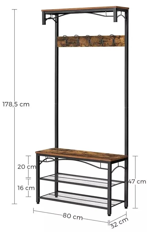 Előszoba fogas polccal, akasztókkal, cipőtartóval és ülőkével, rusztikus barna 80x32x178cm
