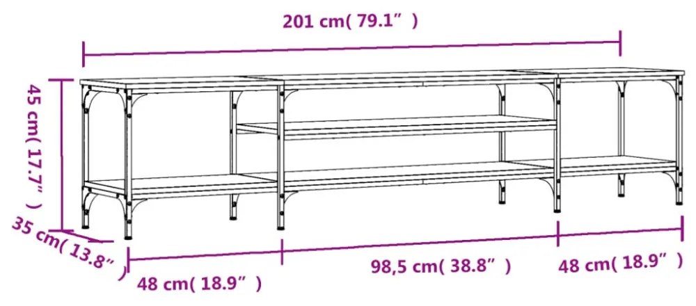 füstös tölgy színű szerelt fa és vas TV-szekrény 201x35x45 cm