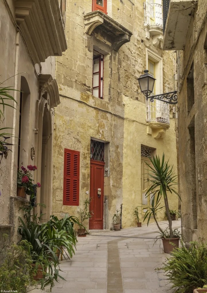 Poszter 21x29,7cm Keskeny utca a hagyományos máltai házak között Birguban