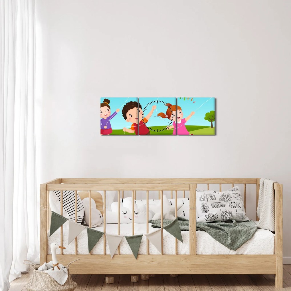 Kép - Sárkányrepülőt éngedő gyermekek (órával) (90x30 cm)