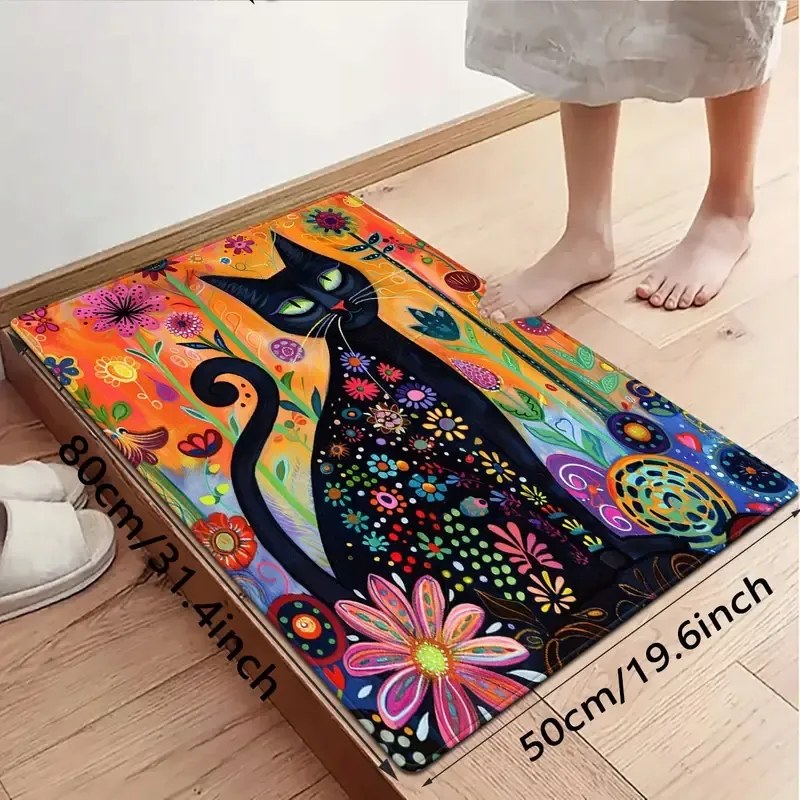 Fürdőszobaszőnyeg fekete macska 50x80 cm színes virágos ajándék cicáknak