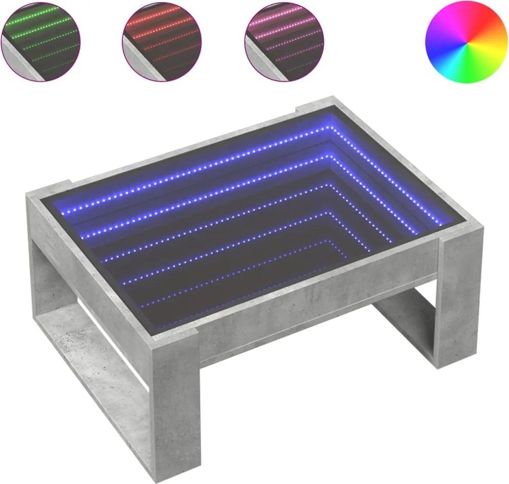 vidaXL betonszürke végtelen hatású LED-es dohányzóasztal 70x53x30 cm