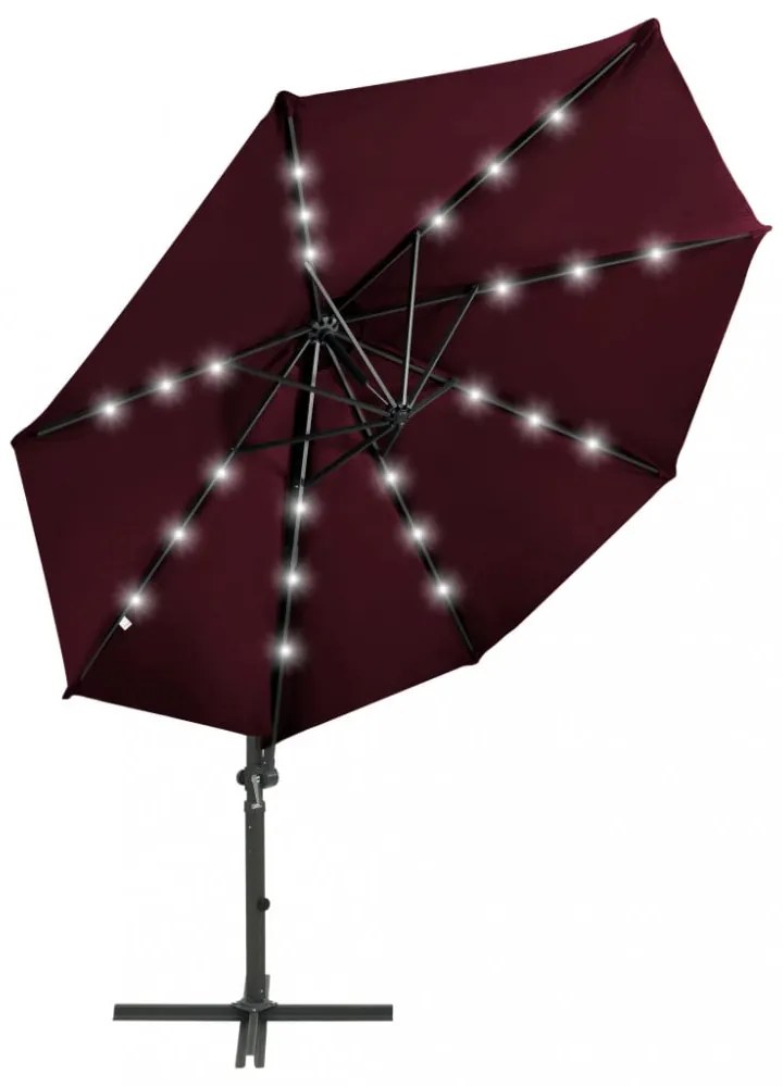 bordó konzolos napernyő rúddal és LED-fényekkel 300 cm
