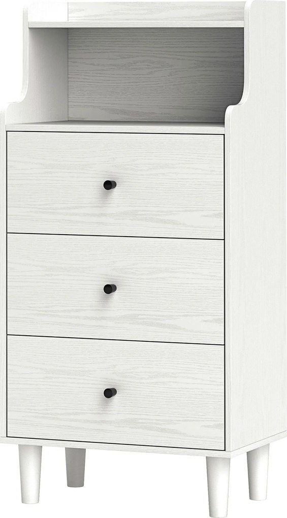 HOMCOM 3 Fiókos Keskeny Fésülködőasztal Nyitott Polcokkal, Antifalra Rögzíthető, Magas Fiókos Szekrény, Nappaliba és Előszobába, 47x29x95 cm, Fehér Fe