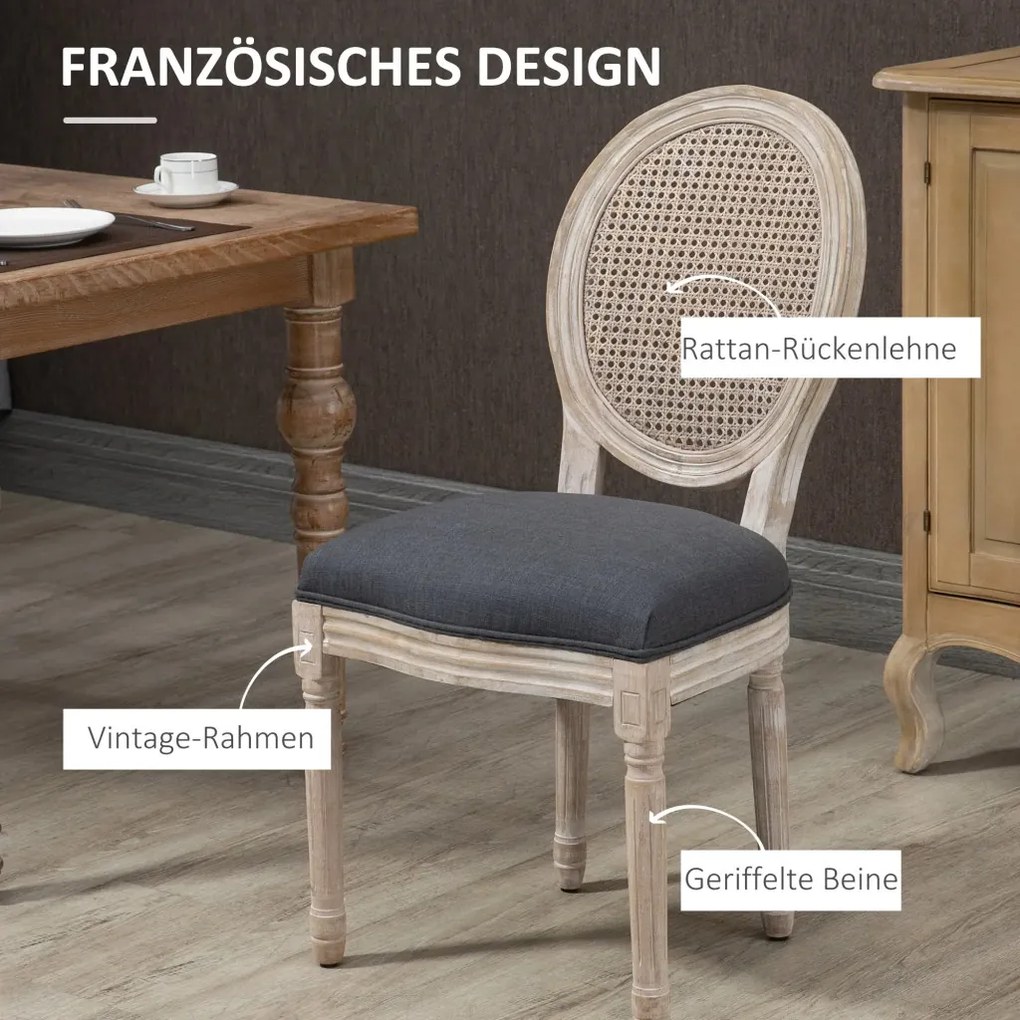 HOMCOM Étkezőszékek konyhai székek, 2 db-os szett, puhán kárpitozott, vintage dizájn, rattan hatás, szürke