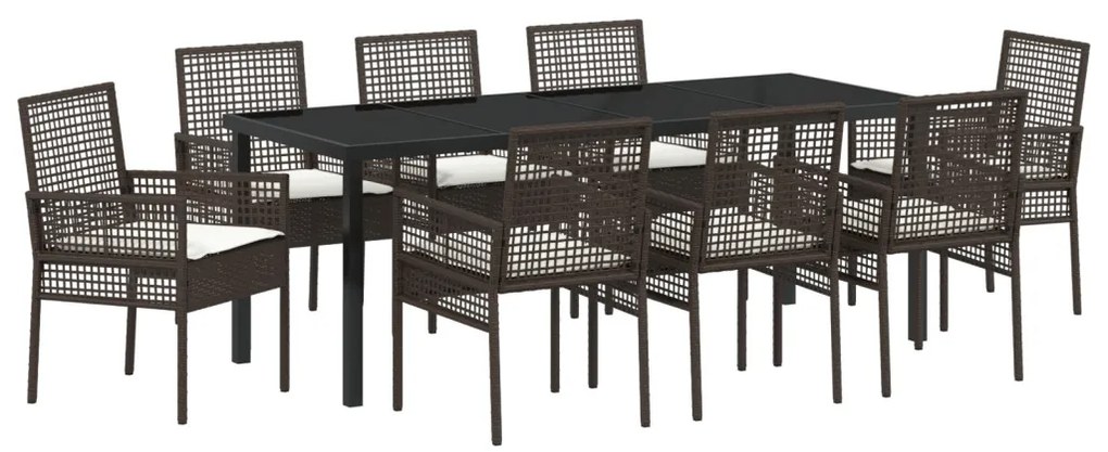 9 részes Kerti Étkező Szett Párnákkal Barna Polyrattan