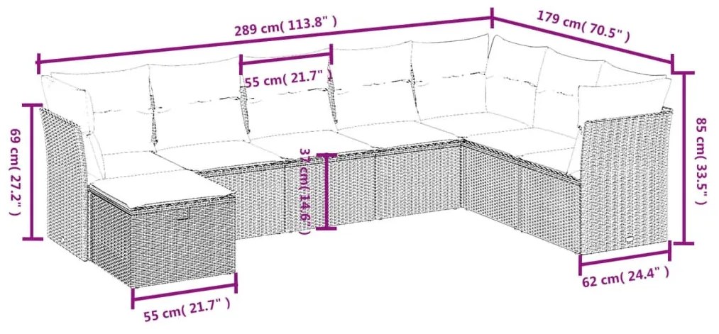 8 részes bézs polyrattan kerti ülőgarnitúra párnával