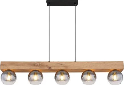 Globo 15656-5H Függeszték fém fekete matt, MDF fa hatású sötét, üveg füstszínű, átlátszó, kábeltextil fekete, állítható magasságú (függőlámpa), HxSzxM.: 1150x150x1200mm, nem tartozék: 5x E27 40W 230V