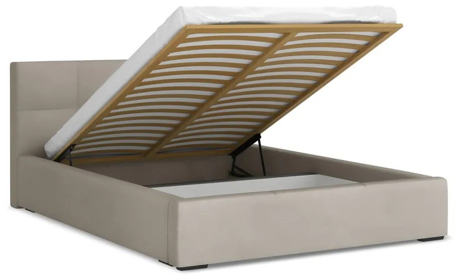 Szürkésbarna bársony kárpitozott ágyneműtartós franciaágy ágyráccsal 140x200 cm Hiko – Makamii