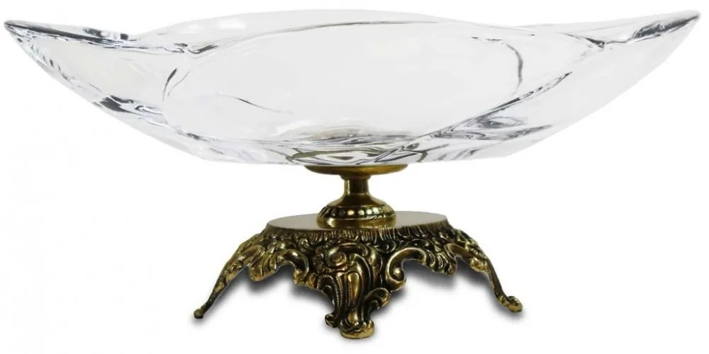 Masszív vastag fodros üveg bonbonier tál barokkos aranysárga míves sárgaréz talpon 14x33x23cm