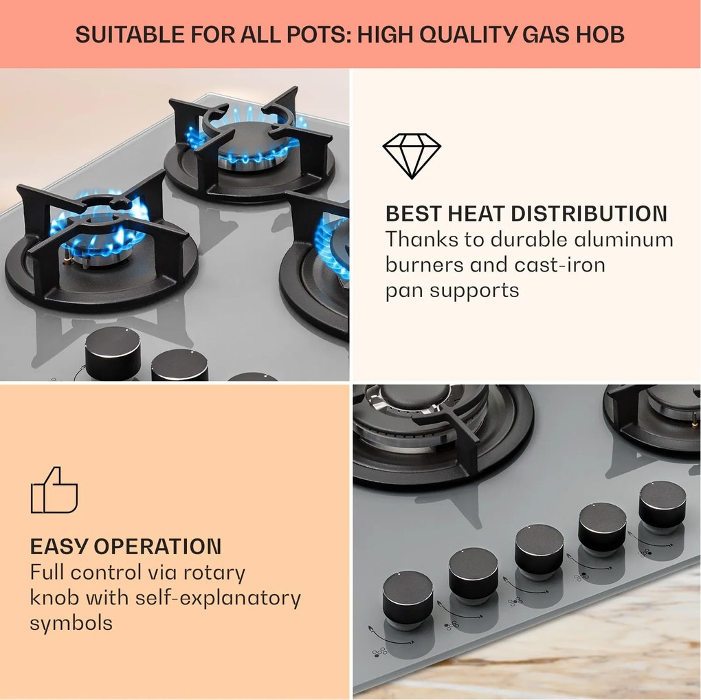 Klarstein Firetale, gázfőzőlap, 5 égő, 70 cm, alumínium égők, tömlővel és redukáló szeleppel