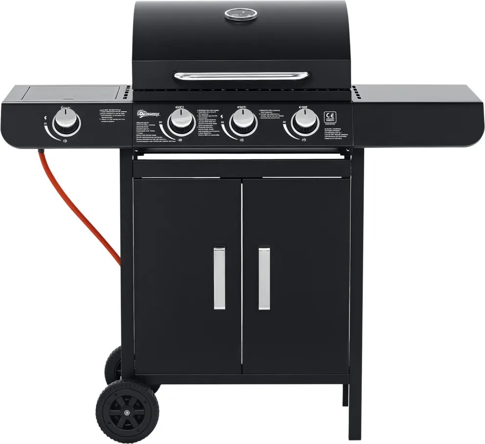 Outsunny Gázgrill 3 fő égővel + 1 oldalsó égővel, tárolópolccal, rozsdamentes acél, fekete