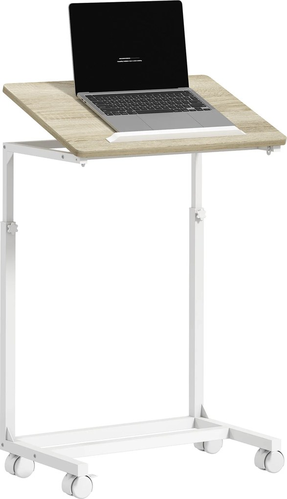HOMCOM Görgős Oldaltábla Kanapéhoz Állítható Magasságú Dőlt Toppal és Fém Kerettel, 55x36x62.5-82.5 cm Tölgy | Aosom