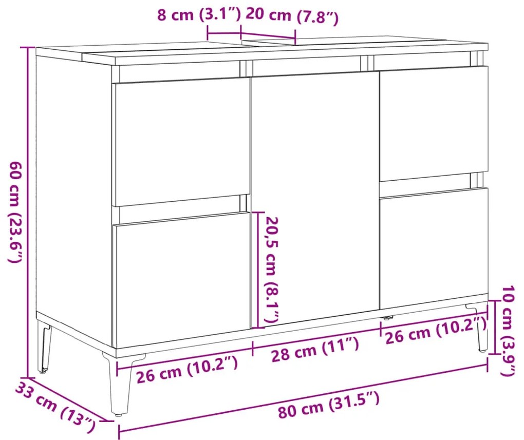 betonszürke szerelt fa mosdószekrény 80 x 33 x 60 cm