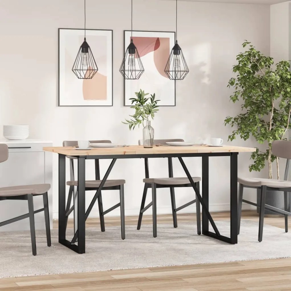 Tömör fenyőfa és acél étkezőasztal O-vázzal 140x80x75,5 cm
