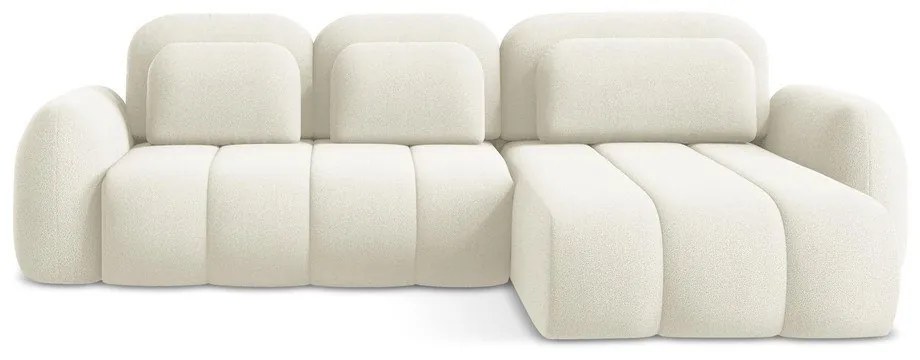 Bézs buklé kinyitható-tárolóhelyes sarokkanapé (jobb oldali-heverő résszel) Pele – Makamii