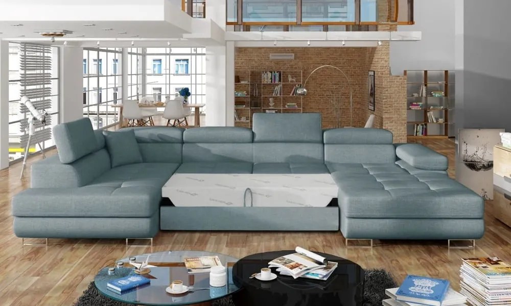Világoskék kinyitható-tárolóhelyes sarokkanapé (bal oldali-U alakú) Rodrigo – ELTAP