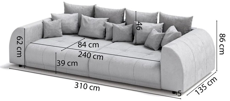 Sötétszürke kordbársony kanapé 310 cm Vanessa – Ropez