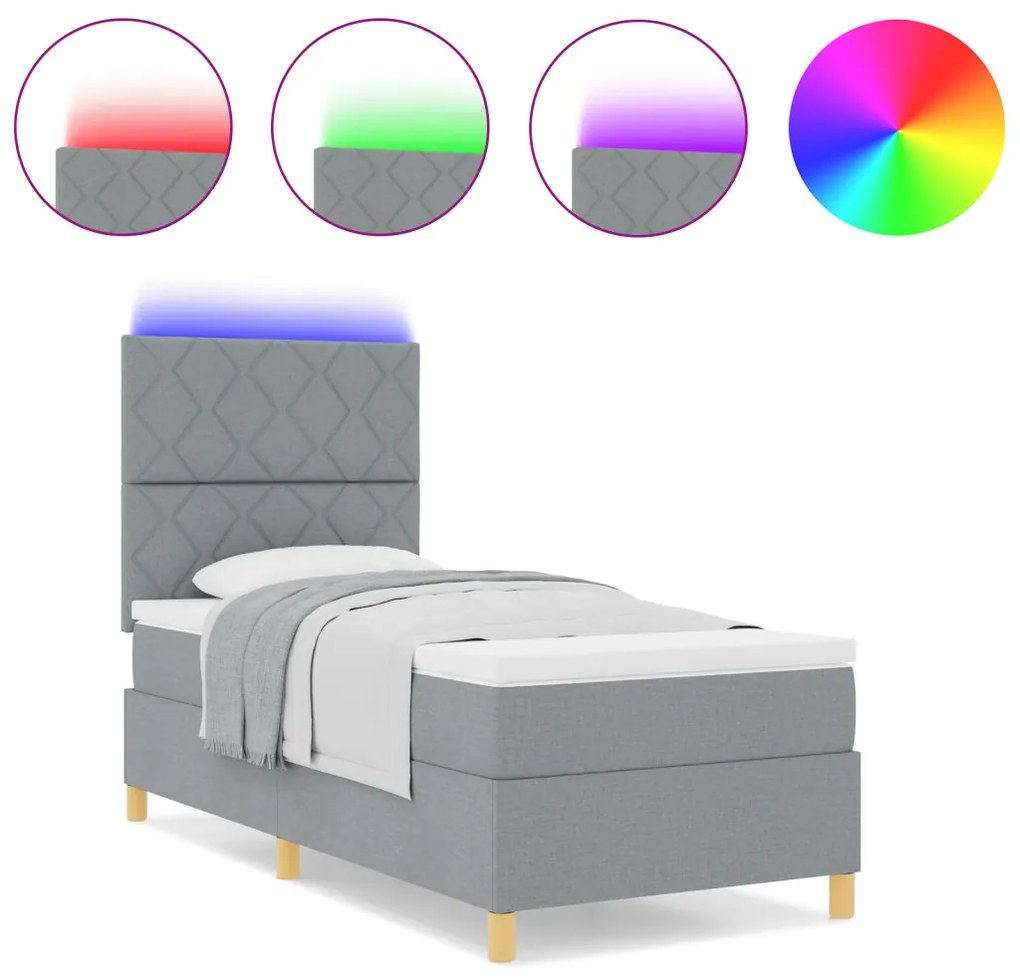 Box Spring Ágy matraccal és LED Fénnyel Világosszürke 90x190 cm Szövet